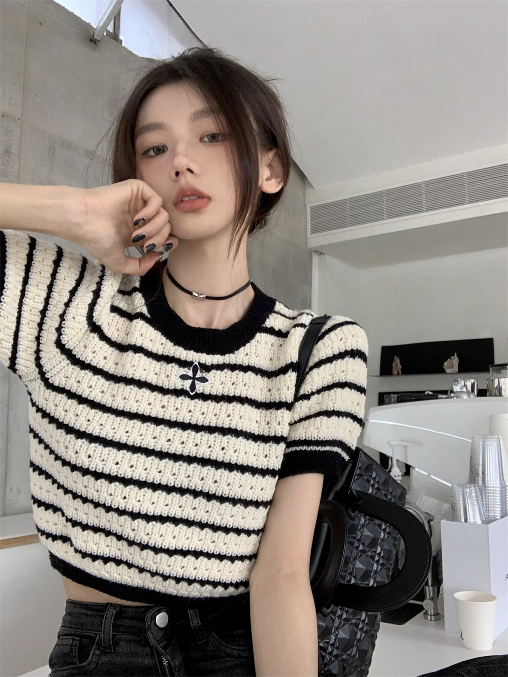 港味韓系黑白條紋短袖針織衫女春季新款鏤空圓領寬鬆顯瘦短款上衣