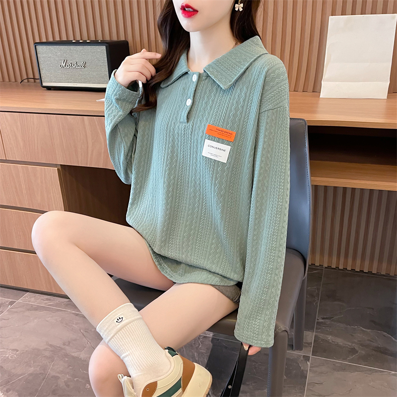 Real shot 2024 spring Korean style loose 230g jacquard POLO collar irregular large size bottoming shirt T-shirt for women