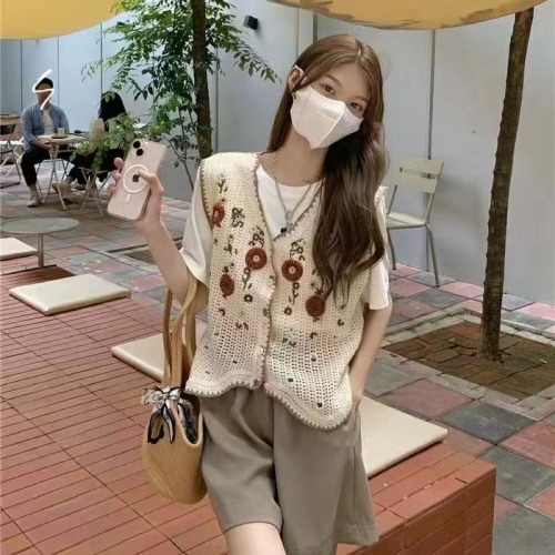 French chic design crochet ethnic style vest two-piece shirt autumn new style top