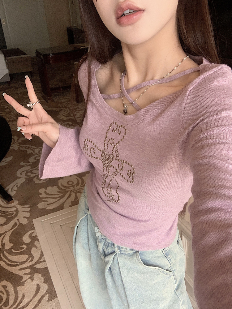 Real shot American hot girl retro chic long-sleeved knitted T-shirt women's slim stretch bottoming shirt