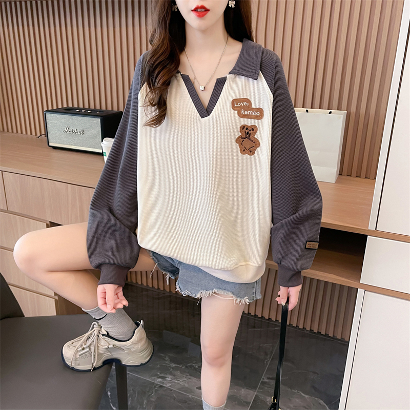 Actual shot of 2024 spring Korean style loose waffle POLO collar cartoon patch large size thin sweatshirt for women