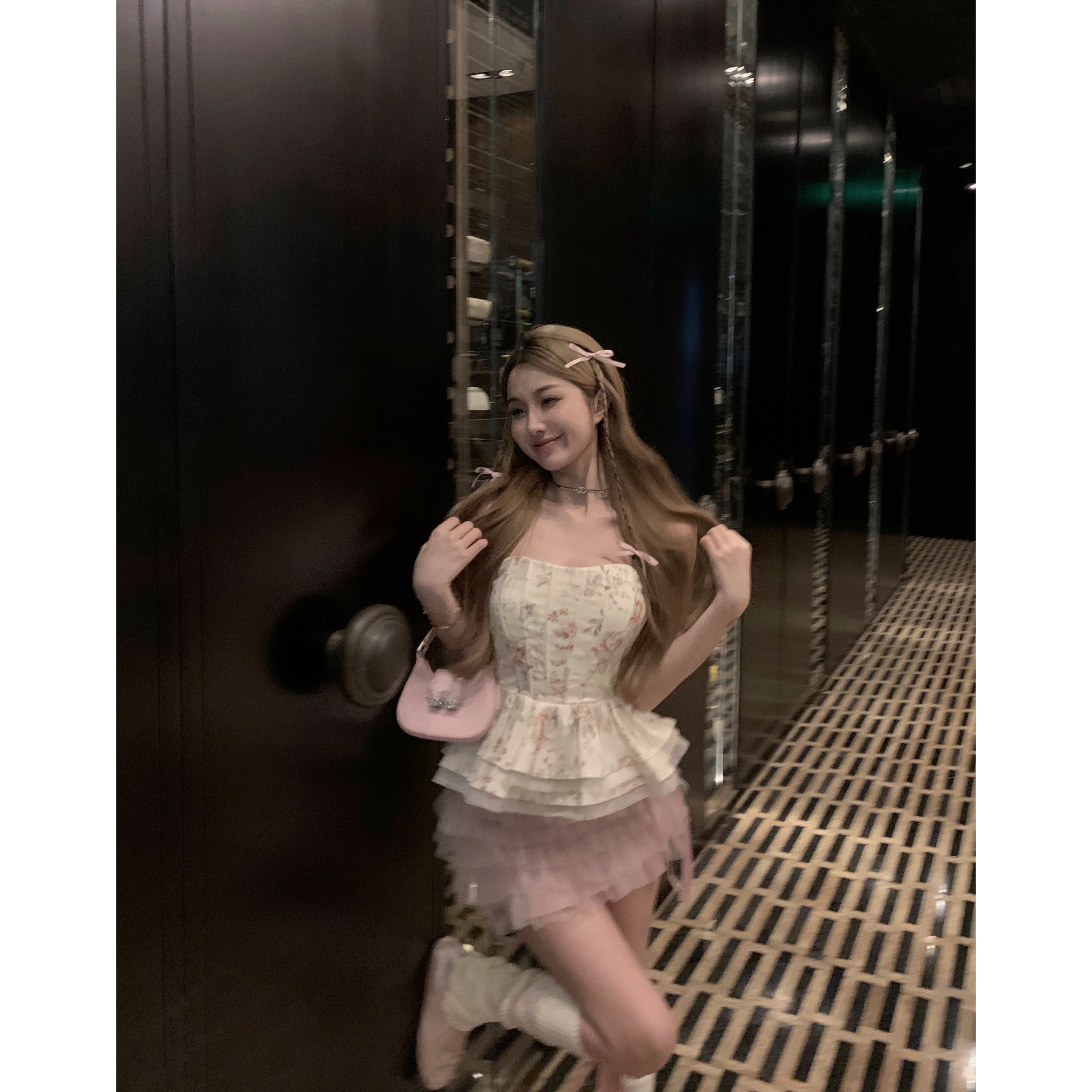 Actual shot of Pure Desire Ballet Style Printed Fishbone Ruffle Chest Wrap + Bow Mesh Cake Skirt for Women in Spring and Summer