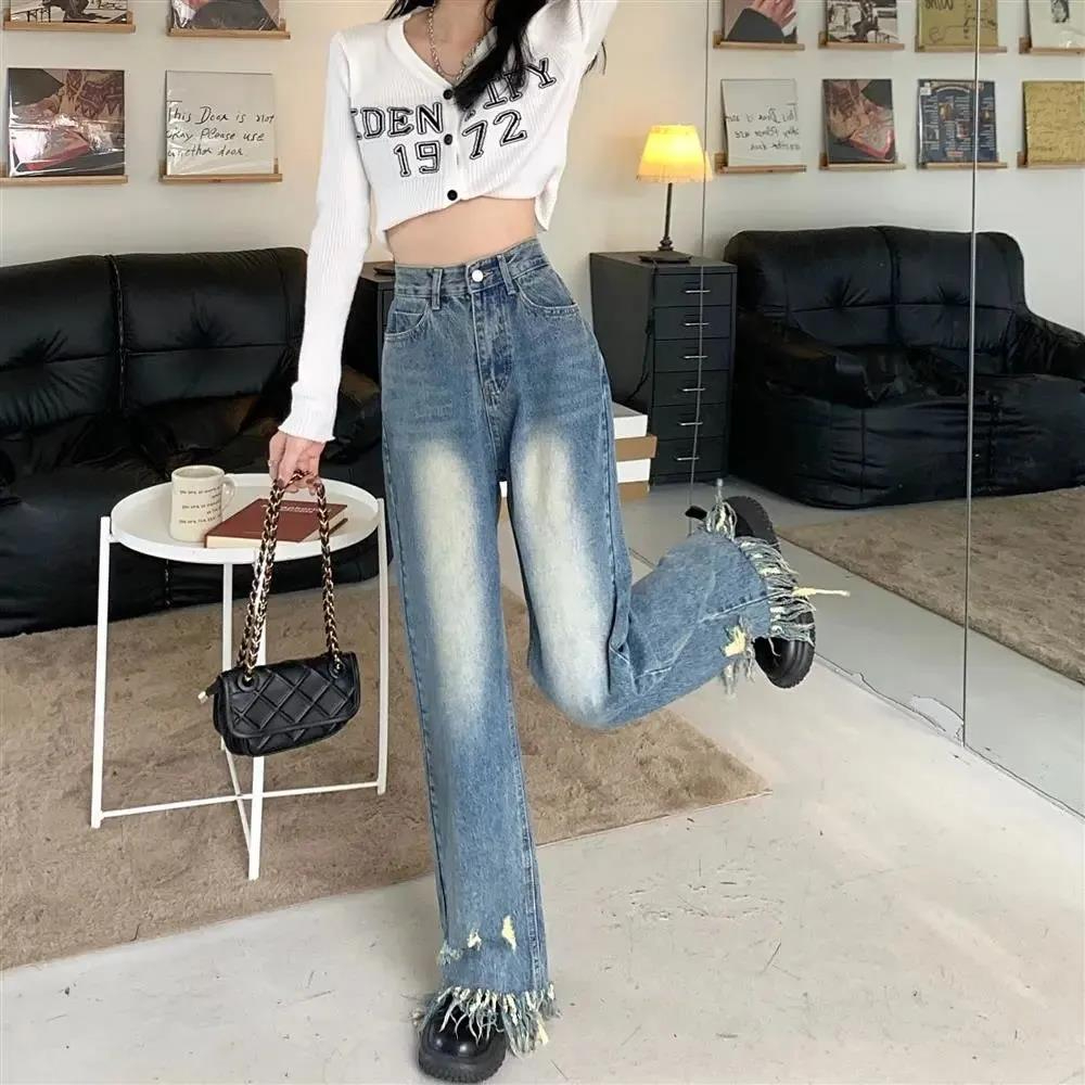 2024 New American Retro Washed Raw Edged Trousers with Holes and Tassels High Waist Loose Slimming Wide Leg Jeans for Women