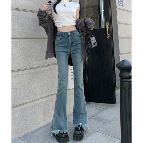 Actual shot of high-waisted stretchy raw edge jeans