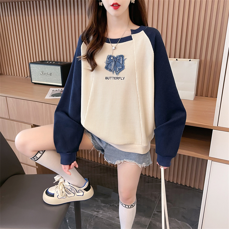 Actual shot of 2024 spring Korean style loose round neck irregular waffle patch large size thin sweatshirt for women