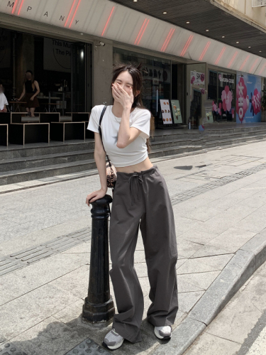 Real shot of high-waisted straight drawstring overalls casual pants for women summer retro drape loose wide-leg pants