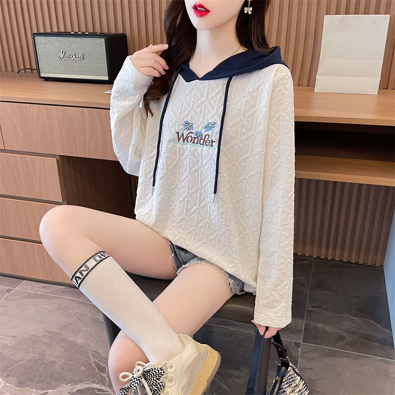 Real shot 2024 spring Korean style loose 230g hooded color block embroidery mid-length large size bottoming shirt T-shirt for women
