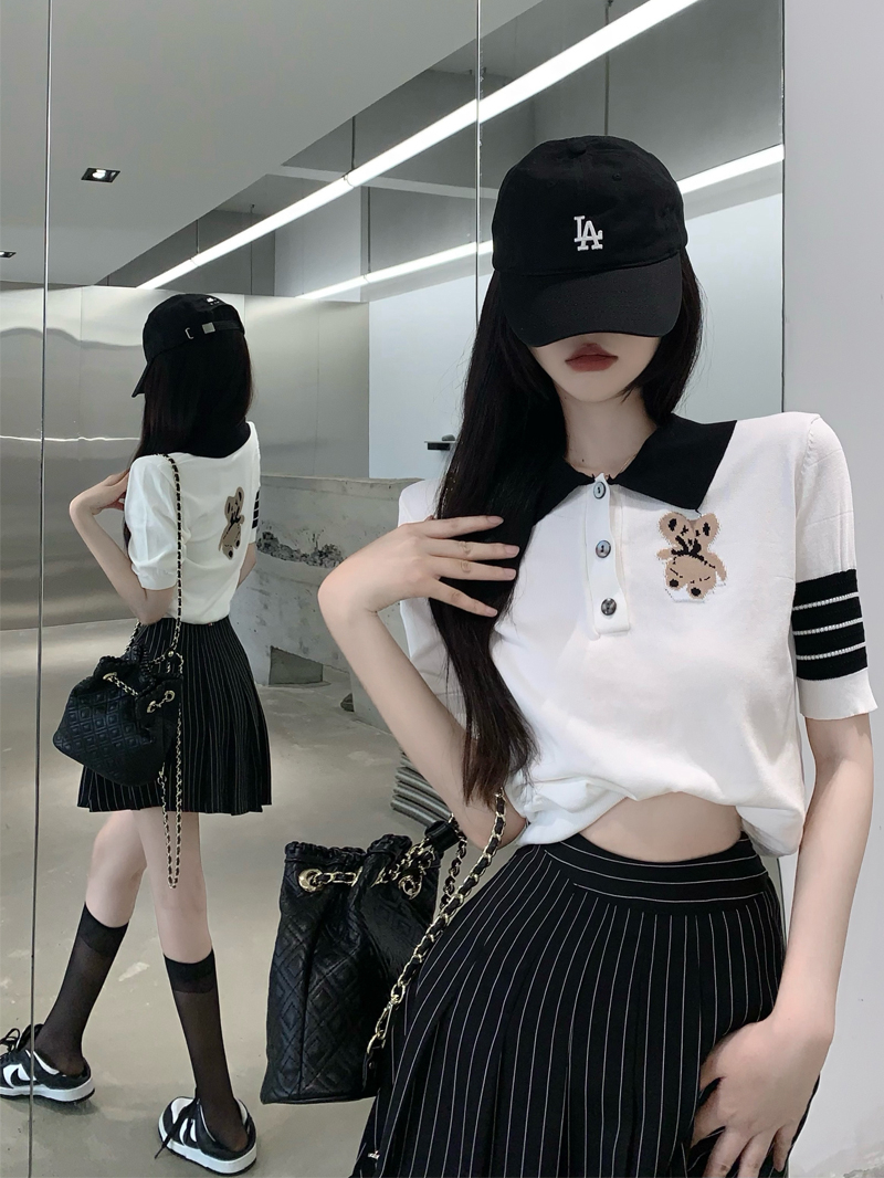 冰絲條紋短袖t恤女設計感夏純欲辣妹短款上衣別致刺繡polo衫
