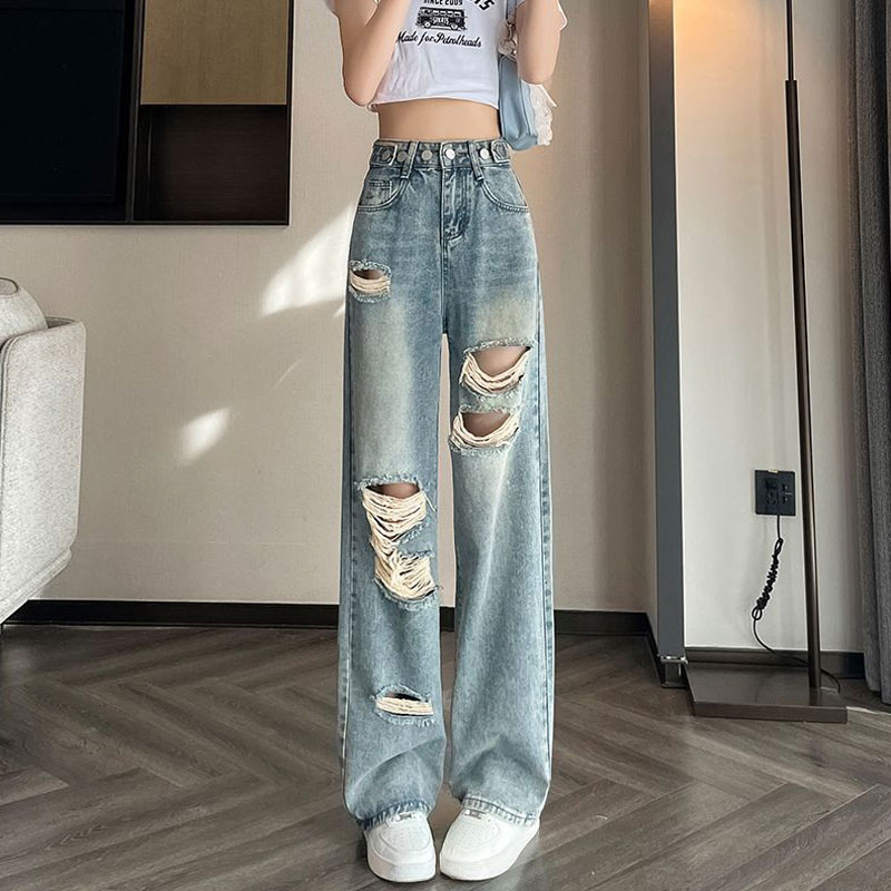 可調節多扣闊腿牛仔褲女乞丐設計破洞高腰休閒垂感直筒拖地長褲子