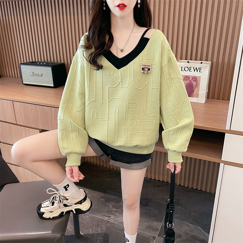 Actual shot of new spring Korean style loose waffle fake two-piece cartoon label large size thin sweatshirt for women