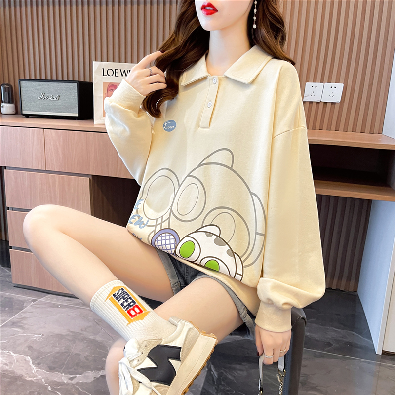 Actual shot 2024 spring Korean style loose round neck cartoon print mid-length plus size women's thin sweatshirt for women