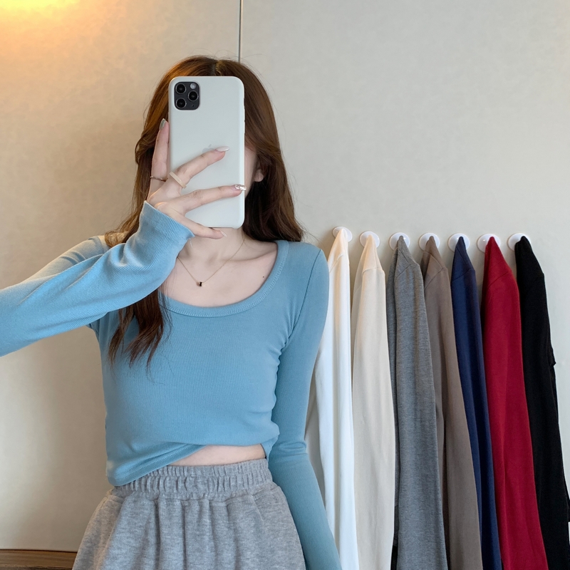 Actual shot of 2024 early spring new solid color Korean style U-neck slim and tall versatile long-sleeved top