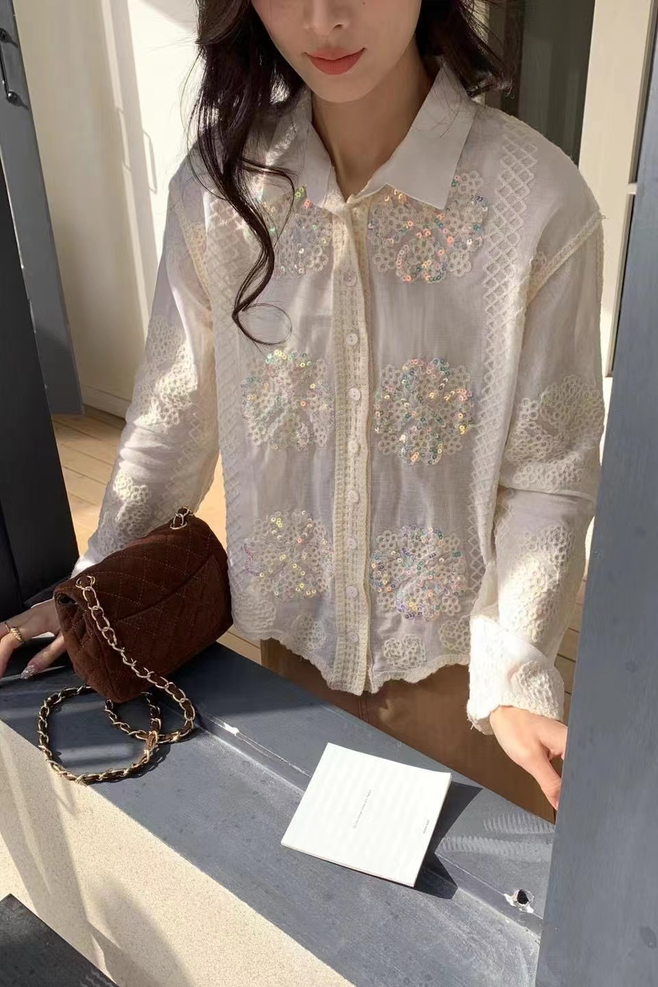 2024 New Spring and Summer Shirt Collar Heavy Embroidered Sequins Loose Single Breasted Chiffon Plant Flower Shirt