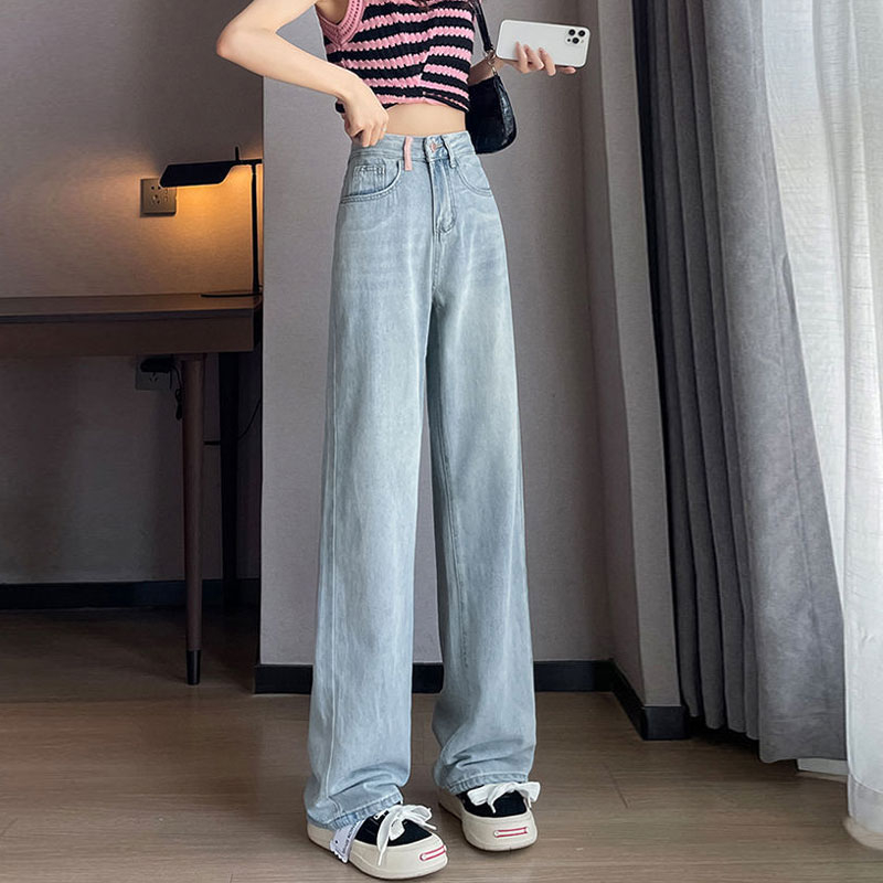 撞色寬鬆梨形牛仔闊腿長褲女時尚高腰設計流蘇刺繡口袋直筒拖地褲