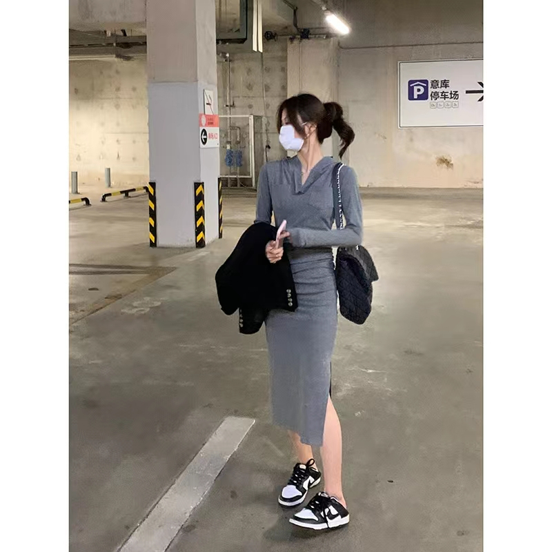 辣妹修身連帽連衣裙女新款韓系顯瘦抽褶側開叉包臀內搭衛衣打底裙