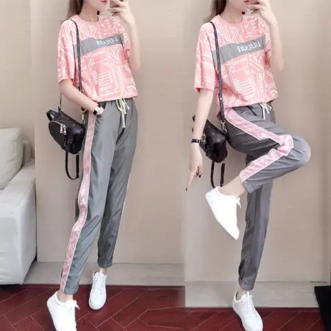 Sports and leisure suits for women trendy brand fashion summer 2024 new style hip-hop running clothes Hong Kong style loose two-piece set