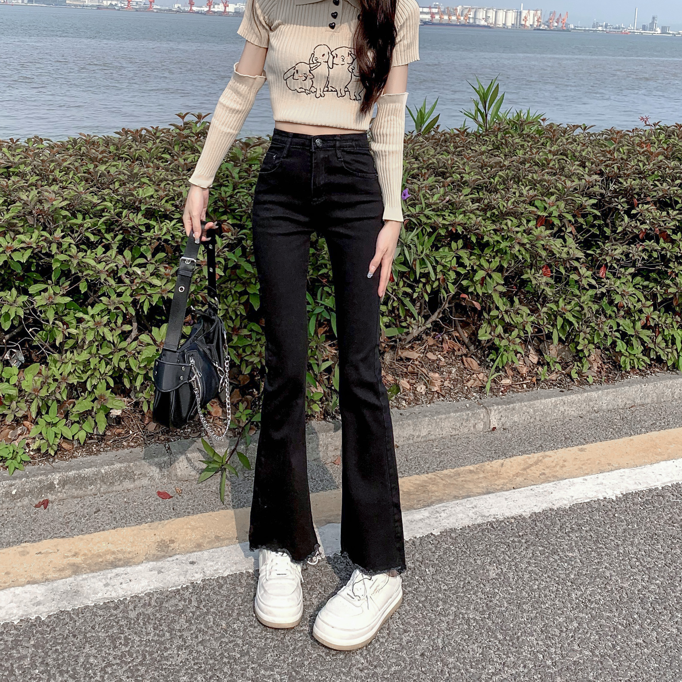 實拍#韓版彈力修身微喇叭高腰牛仔褲女大碼胖mm顯瘦垂感拖地長褲