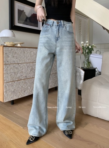 Actual shot of personalized pocket loose and versatile denim wide-leg pants