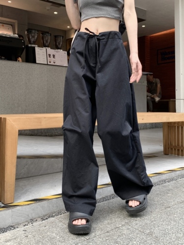 Real shot of high-waisted straight drawstring overalls casual pants for women summer retro drape loose wide-leg pants