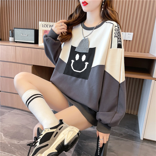 Actual shot of 2024 spring Korean style loose back color block cartoon patch large size women's thin sweatshirt for women
