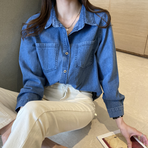 Retro denim jacket for women 2024 spring and autumn loose long-sleeved mid-length layered shirt design niche shirt