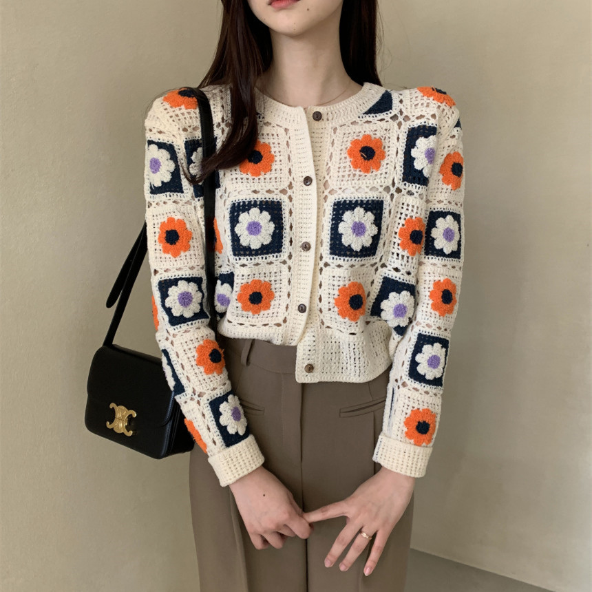 Spring and summer Korea hollow embroidered flower knitted cardigan jacket retro lazy versatile top