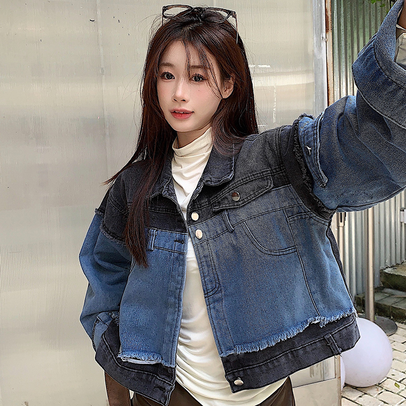 實拍！復古港風短款拼接牛仔外套新款女春秋韓版百搭夾克上衣
