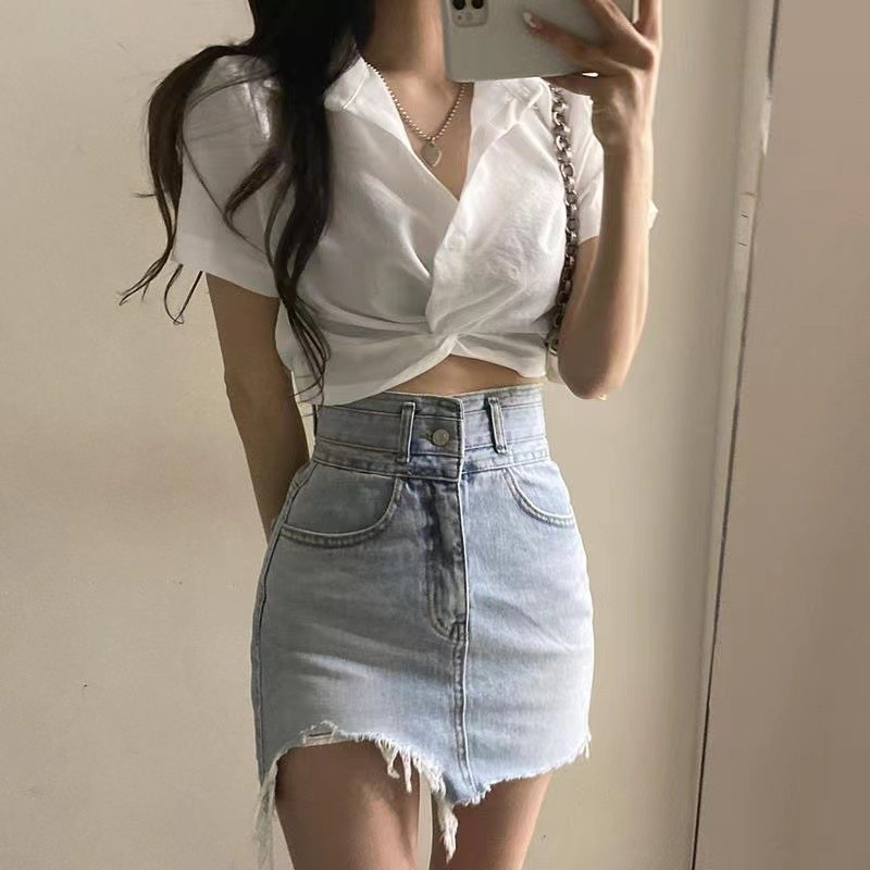 復古法式polo領襯衫女夏新款設計感小眾扭結上衣短款露臍T恤