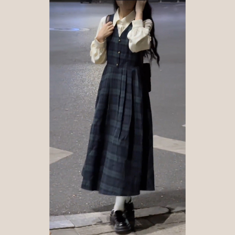 新年穿搭日系學院風格子連衣裙女春冬季小個子減齡襯衫背帶裙套裝
