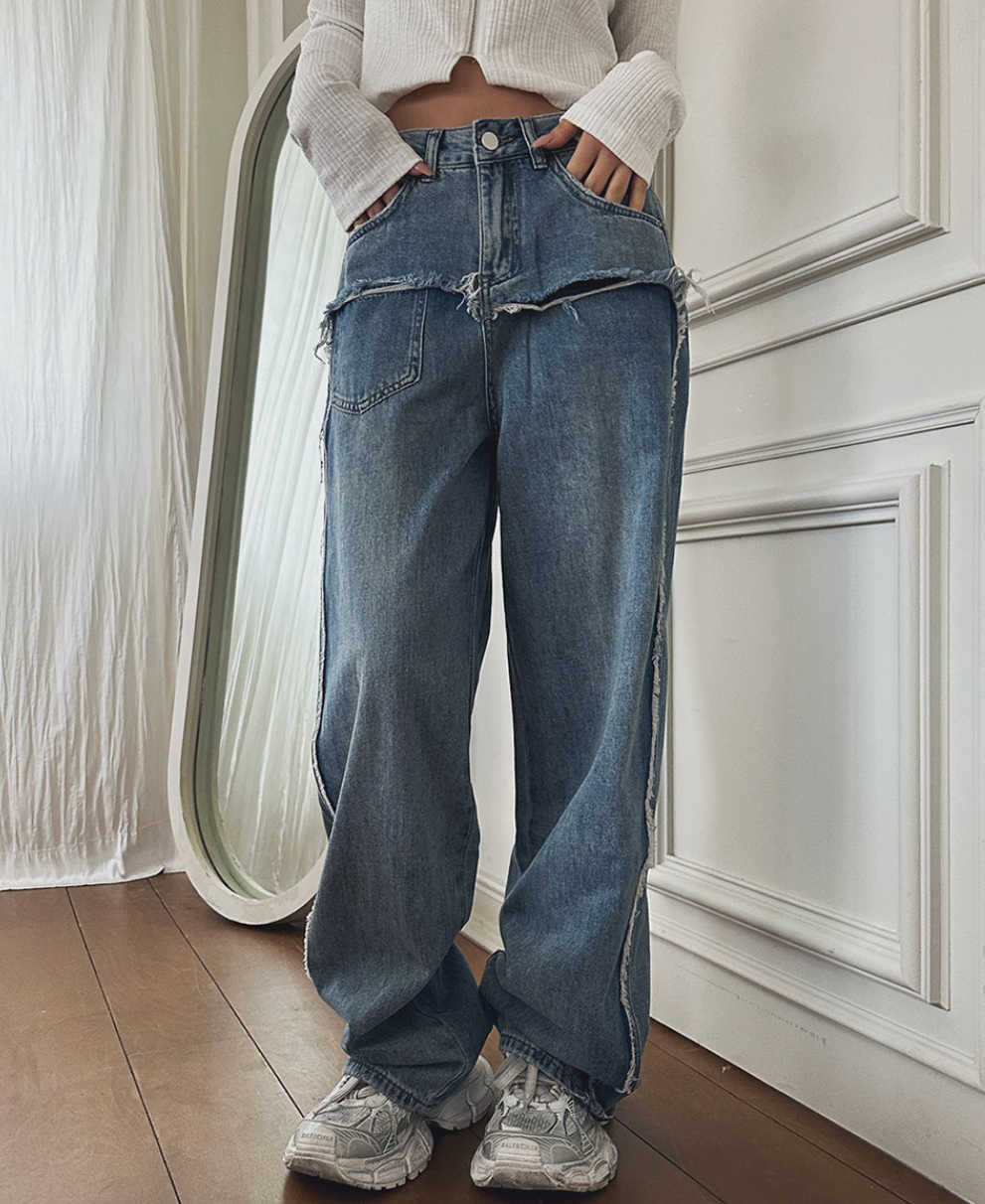 Stitched skirt jeans side design straight pants