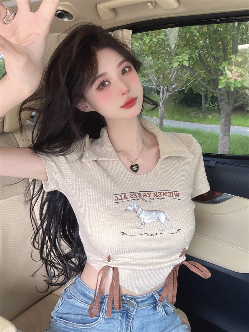 韓版Polo領短袖T恤女裝小眾短款修身抽繩辣妹上衣修身套頭