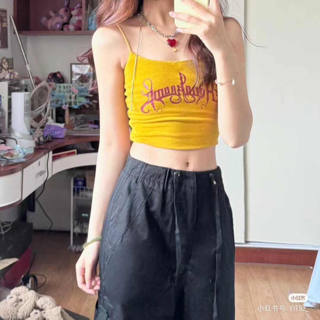Hot girl yellow camisole women's summer slim fit versatile sleeveless top with breast pads