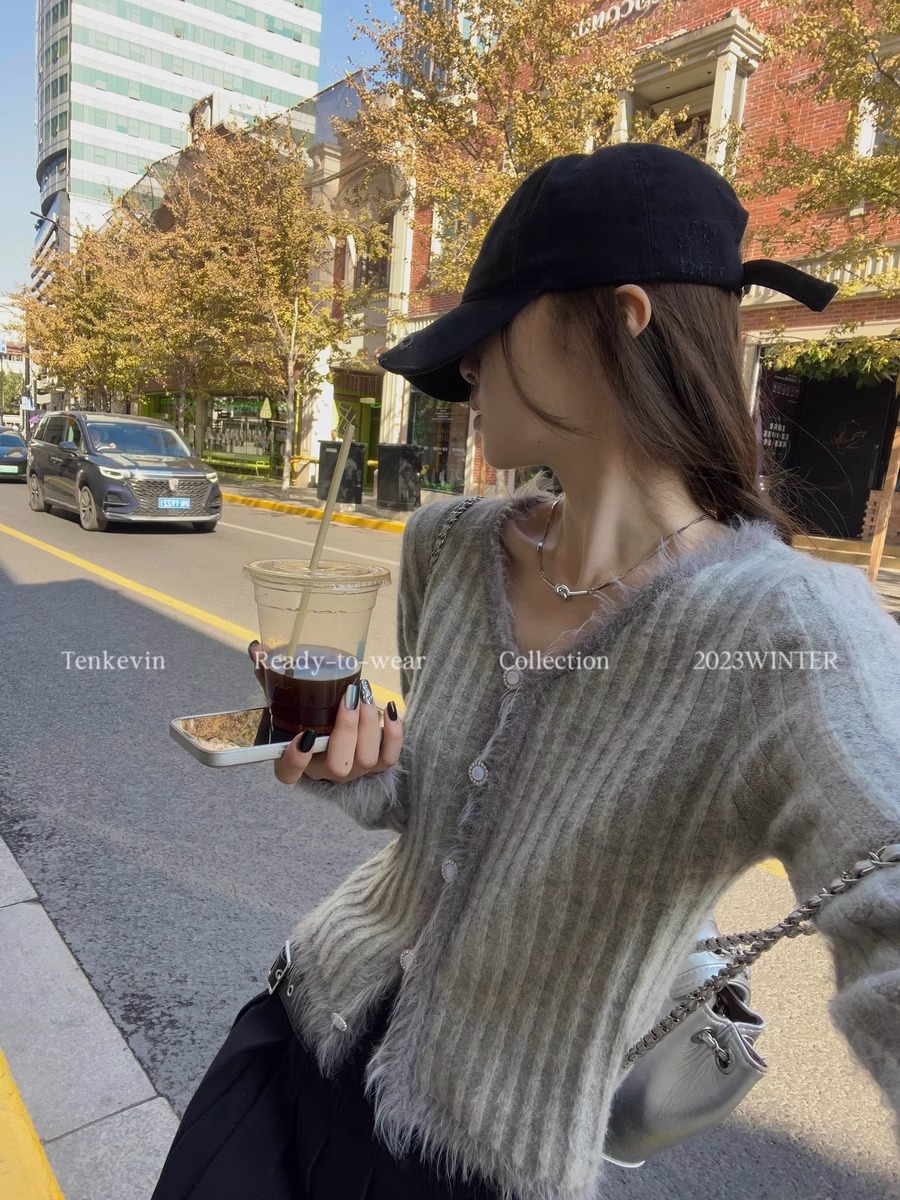 Eleven Stones Lazy Soufflé Gray V-neck Knitted Sweater Cardigan Small Slim Fit Short Top for Women