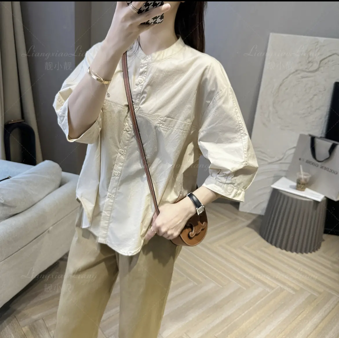 Summer new plus size women's Korean style simple commuting mid-sleeve shirt Maillard loose shirt round neck top