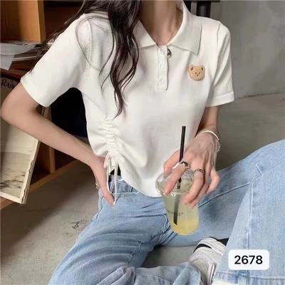 2024夏季小熊抽繩小心機短袖polo領針織衫小個子女生短款上衣T裇
