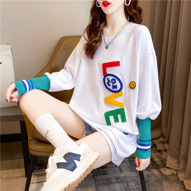 Real shot 2024 spring loose double-sided German velvet round neck warm splicing long-sleeved bottoming shirt T-shirt for women