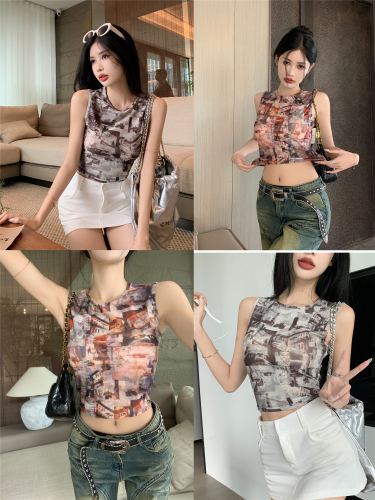 Actual shot~ Summer new style sleeveless hot girl round neck spinning slim fit design printed short top
