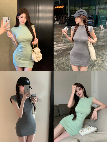 Actual shot~New stretch half turtleneck fashionable butt-covering slim fit knitted dress