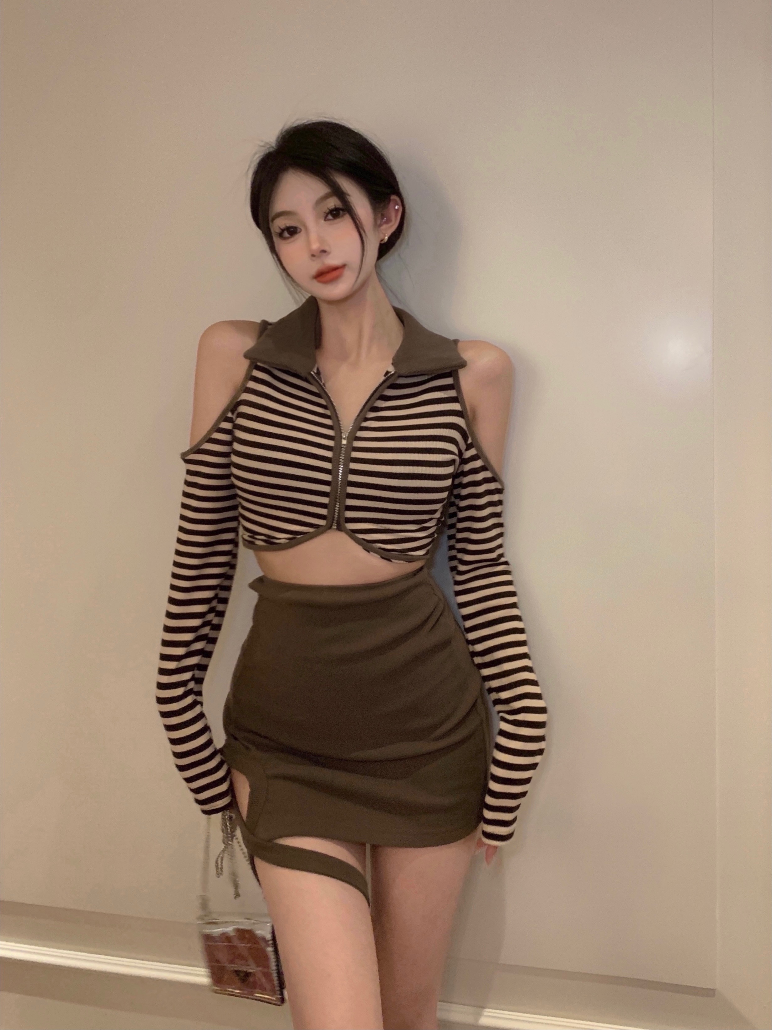 不規則T恤女裝ins潮夏季韓版復古polo領辣妹露肩拉鏈緊身長袖上衣