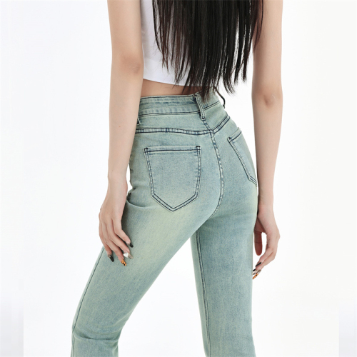 Actual shot of 2024 women's spring clothing American retro high-waisted slim light blue jeans