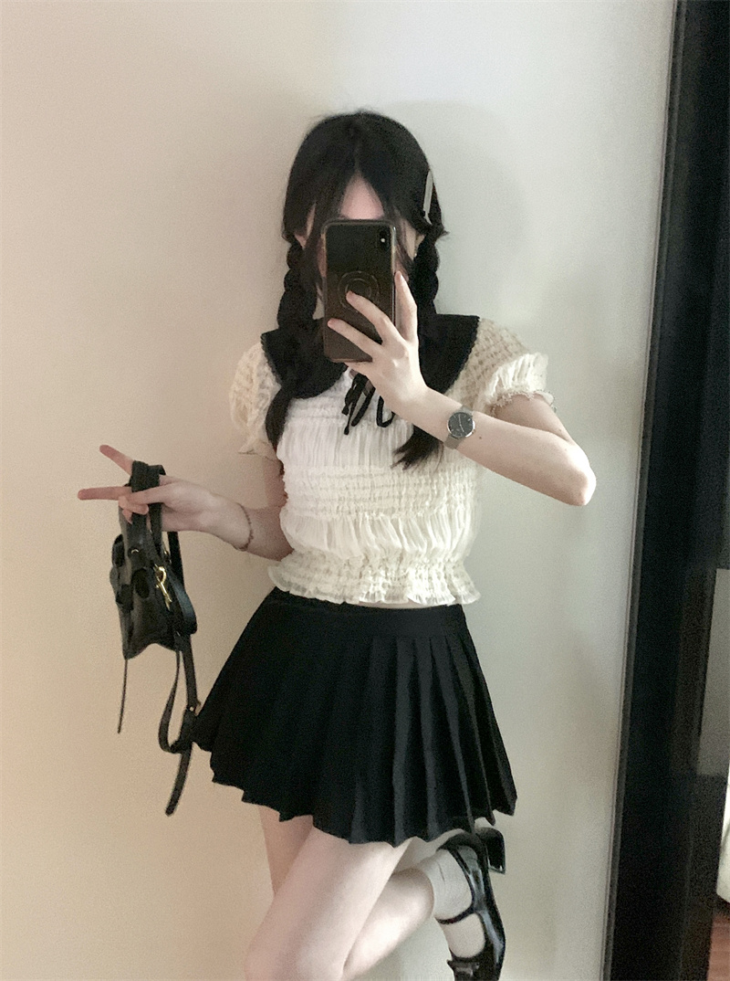 實拍~別致上衣女夏季新款高級感娃娃領拼色薄款雪紡襯衫