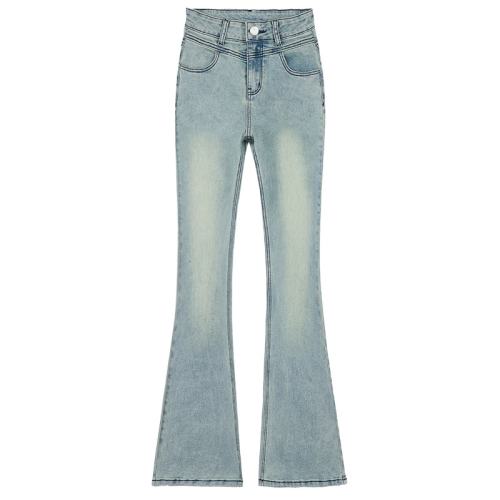 Actual shot of 2024 women's spring clothing American retro high-waisted slim light blue jeans