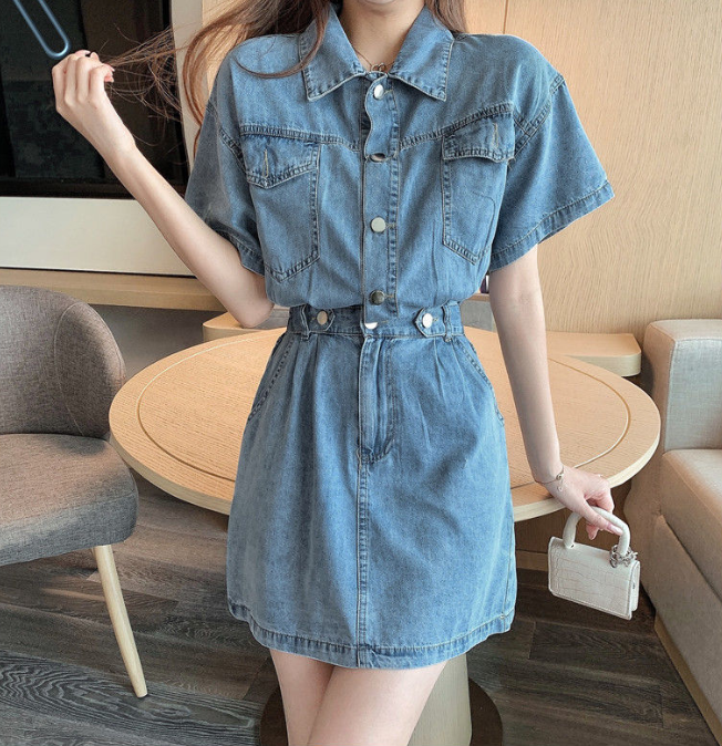 Summer plus size women's new high-end design niche waist shirt skirt denim dress S-5XL 200 pounds