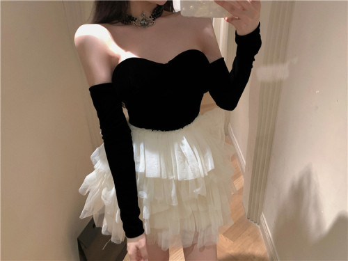 Real shot of sexy tube top high waist ballet style mesh splicing cake skirt + sleeves