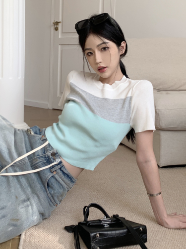 Actual shot of summer new style Korean style pure lust style ice cream color striped sweater short-sleeved T-shirt top for women