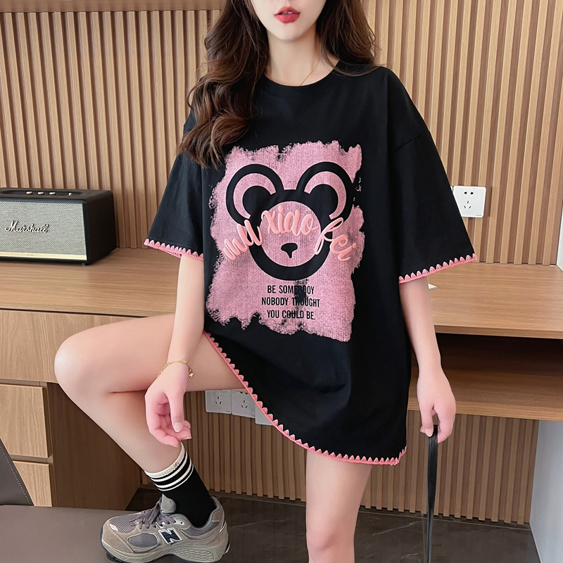 實拍純棉 春夏新款設計感韓版寬鬆短袖卡通印花t恤上衣女