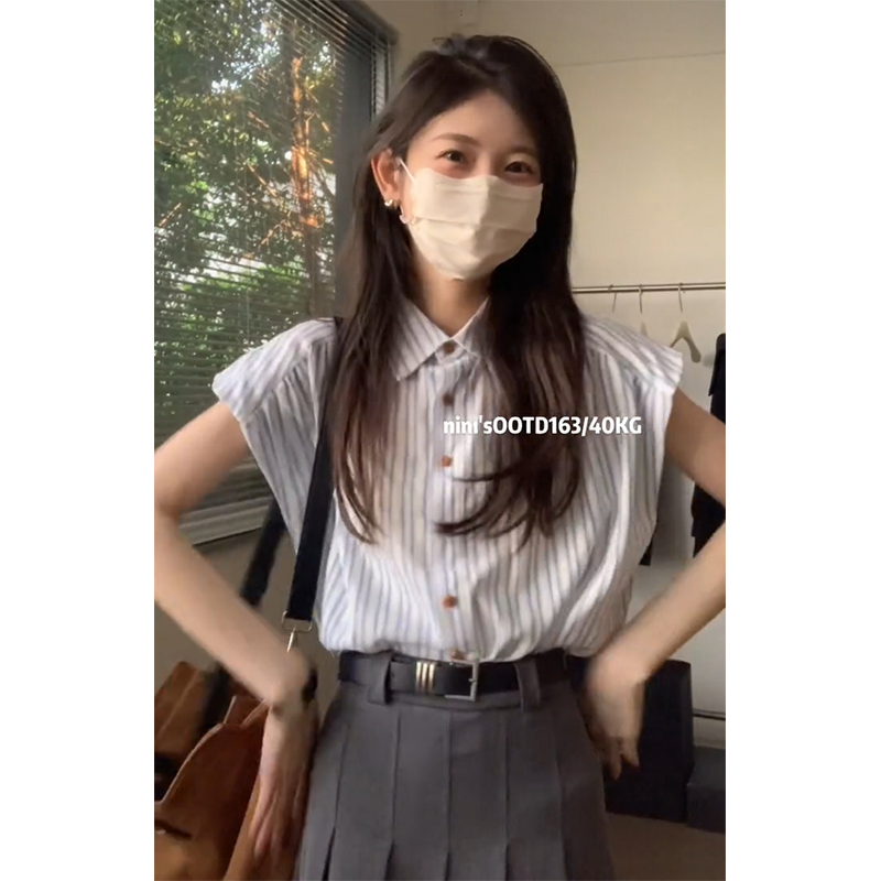 韓版提花夏季豎條紋氣質顯瘦減齡百搭韓版單排扣上衣女短袖襯衫領