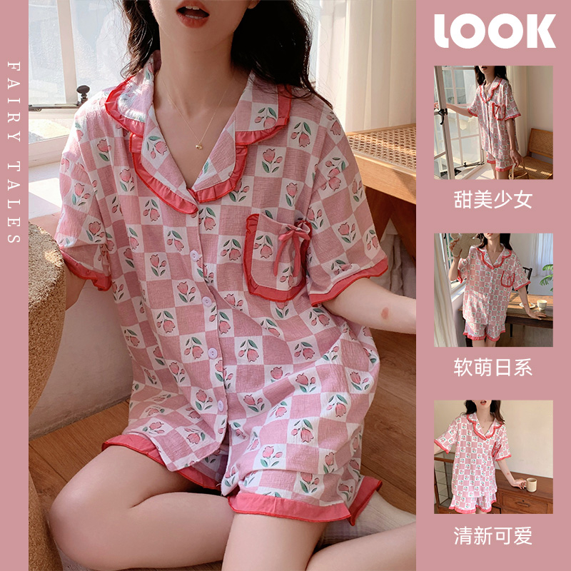 夏季女款皺布短袖短褲兩件套睡衣休閒印花開衫薄款家居服可外穿
