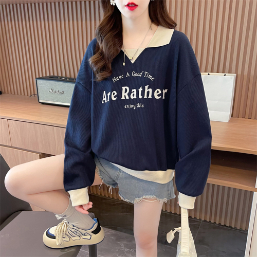 Actual shot of spring Korean style loose waffle POLO collar letter embroidery large size thin sweatshirt for women
