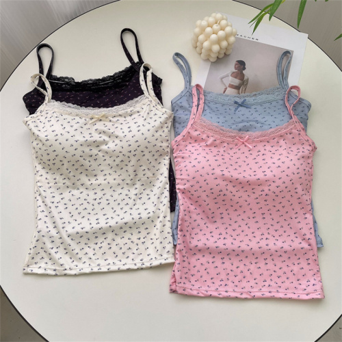 Thai niche chiffon camisole with inner layer and outer layer, sweet and cool short top with breast pads for summer